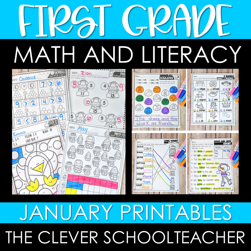 Preview of First Grade Math and ELA Printables – January
