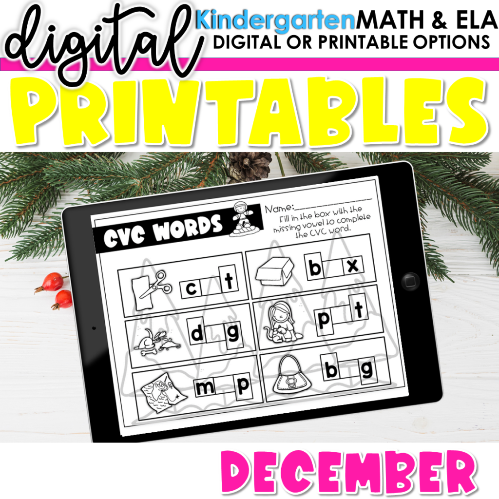 Preview of Kindergarten Math and ELA Digital Printables – December