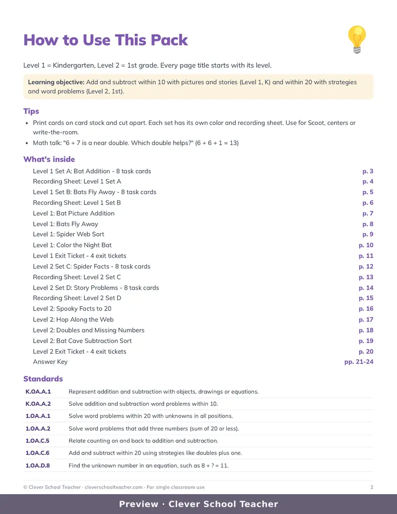 Bats & Spiders Addition and Subtraction, Page 2 of 25